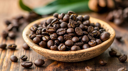 Wooden bowl filled with organic coffee beans placed on a wooden table in bright natural light showcasing the rich texture and color of the coffee beans