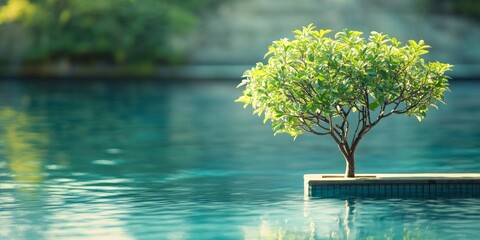 Poster - Charming little tree set against a serene swimming pool background, creating a tranquil scene. The little tree complements the swimming pool, enhancing the overall ambiance and beauty.