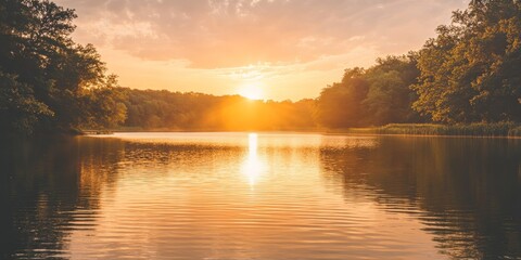 Poster - Stunning golden hour at the lake showcases breathtaking reflections and warm hues, creating a magical atmosphere that highlights the serene beauty of the lake during this captivating golden hour.