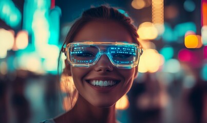 Sticker - Bright smile of a woman with futuristic glasses in a vibrant urban setting at night