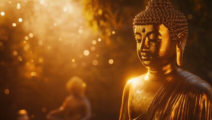 Wall Mural - A bronze Buddha statue with radiant light shining on it, the background is dark and blurred