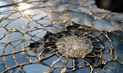 Broken glass showing intricate spiderweb pattern in detail
