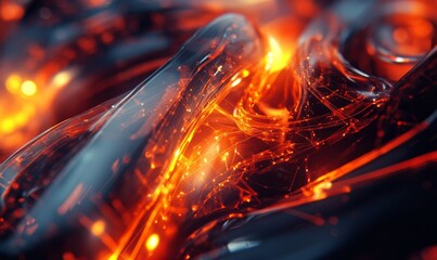 A complex and futuristic abstract mechanism glows with digital network lines and shimmering lights, symbolizing innovation and advanced technology.