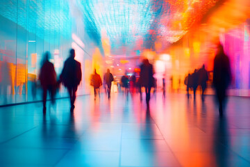 Wall Mural - blurred figures in a modern art center lobby