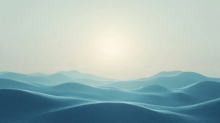 Gentle slopes create a calming vista under a soft sun in a minimalist blue landscape