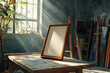 © Fazal - A frame mockup propped up on a table in a bright art studio, with natural light streaming in to create an inspiring backdrop.