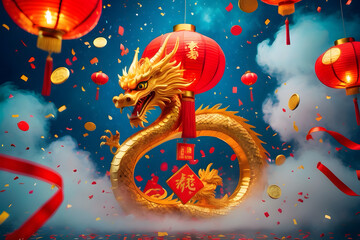 Wall Mural - Chinese new year 2025 Snake Zodiac sign with red dragon art and craft style on color background Chinese happy new year of Snake