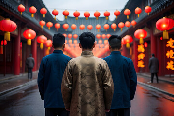 Wall Mural - Chinese men wearing traditional dress and celebrating chinese new year with lantherns