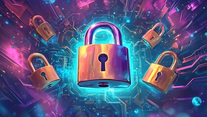 Poster - Cyber Security Digital Padlocks Protecting Futuristic Circuit Board