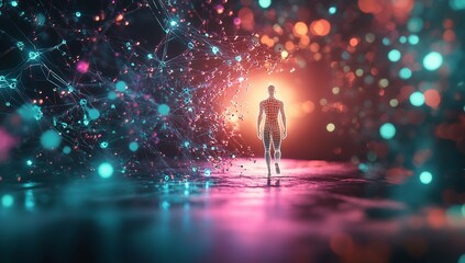 Poster - Futuristic Digital Human Walking Through Network Abstract AI Concept Art