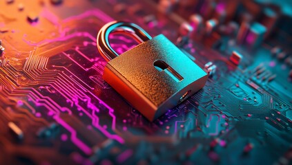Poster - Cyber Security Concept Padlock on Illuminated Circuit Board Representing Digital Data Protection