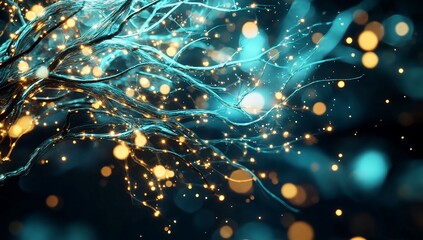 Poster - Abstract Glowing Network Teal and Gold Digital Art Energy Technology Background