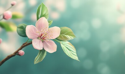 Cherry tree branch with pink flower and green leaf. Illustration for horizontal spring banner and design,
