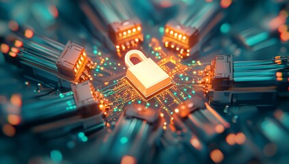 Poster - Cyber Security Digital Lock on Illuminated Circuit Board Data Protection Concept