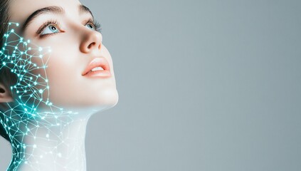 Aufkleber - Beautiful Woman s Face with Futuristic Digital Network Overlay Skincare Technology