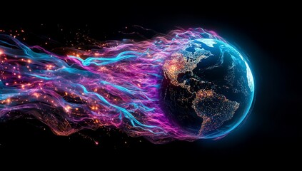 Poster - Abstract Glowing Earth with Dynamic Energy Trails Futuristic Global Network Concept