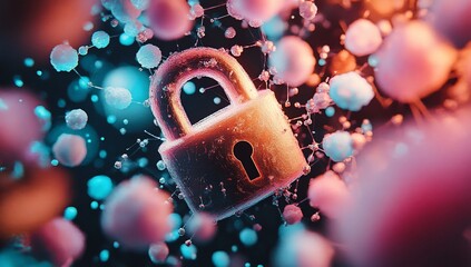 Poster - Cybersecurity Network Security Padlock Icon in Abstract Digital Data Sphere