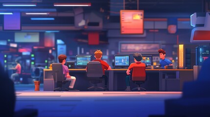 Generation Alpha and trends concept: Group of young coders creating a game in a vibrant tech hub, Generation Alpha, gamification and creativity.