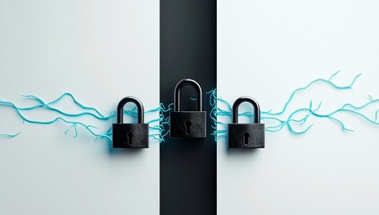 Poster - Cybersecurity Network Three Padlocks Connected by Abstract Blue Lines Data Protection Concept