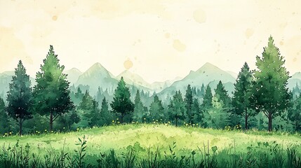 Sticker - Serene watercolor landscape of a mountain range and a lush green meadow with evergreen trees.