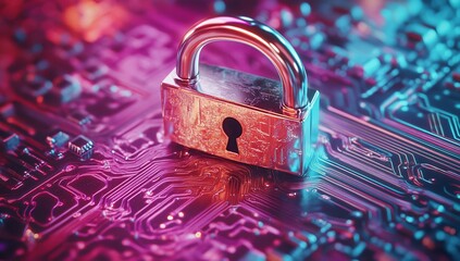 Poster - Cyber Security Concept Padlock on Neon Circuit Board Data Protection Digital Safety