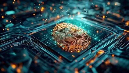 Leinwandbilder - Digital Fingerprint Scan on Futuristic Circuit Board Cybersecurity Biometrics Technology Concept