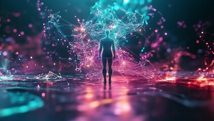 Poster - Futuristic Digital Human Network Connection Abstract AI Neon Lights Cyberspace