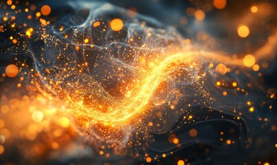 A complex and futuristic abstract mechanism glows with digital network lines and shimmering lights, symbolizing innovation and advanced technology.