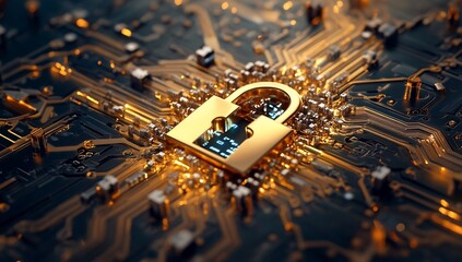 Poster - Golden Padlock on Circuit Board Digital Security and Data Protection Concept