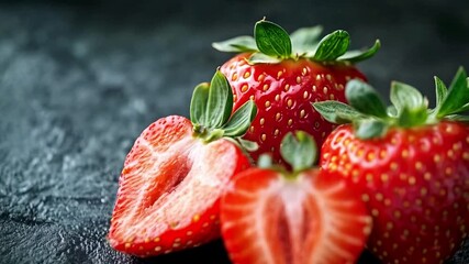 Aufkleber - Three vibrant strawberries are displayed on a dark surface, with one sliced in half, showcasing its juicy, red interior. The scene captures the freshness and appeal of ripe fruit.