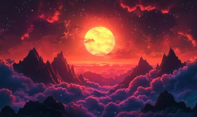 Wall Mural - a vivid representation of a fiery sun rising above a silhouette of dark mountains, encircled by brig
