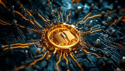 Leinwandbilder - Futuristic Circuit Board Technology Golden Microchip in Illuminated System