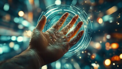 Poster - Futuristic Hand Interacting with Holographic Circular Interface Digital Technology Concept