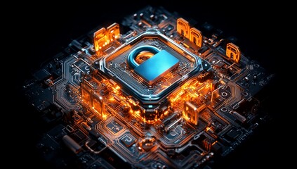 Poster - Cyber Security Data Protection Digital Lock on Illuminated Circuit Board