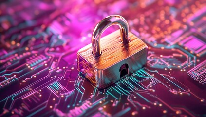Poster - Secure Data Protection Padlock on Vibrant Circuit Board Cybersecurity Concept