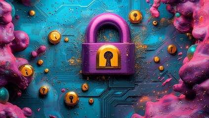 Poster - Abstract Digital Security Padlock on Futuristic Circuit Board with Vibrant Pink and Teal Textures