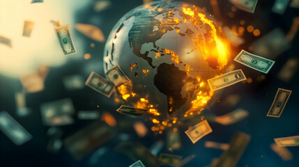 Wall Mural - A glowing Earth surrounded by flying dollar bills, symbolizing the intersection of global economics and wealth.