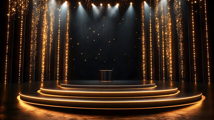 Wall Mural - a black stage with gold lights and a podium in the center.