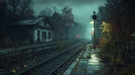 Canvas Print - Desolate, foggy train station at night.