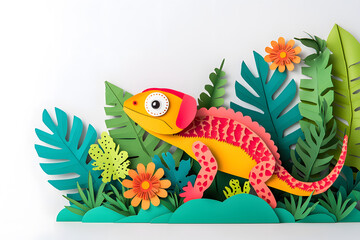 Poster - Colorful chameleon in the jungle, paper cut art style