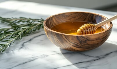 Beautiful wooden bowl with honey and dipper on marble surface in natural light