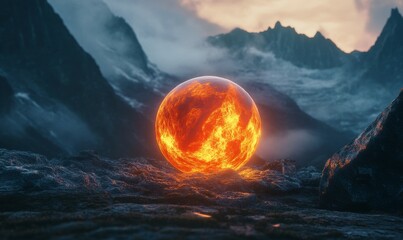 Wall Mural - a surreal glowing orb resembling a fiery sunset, set against dark, misty mountains, casting an ether