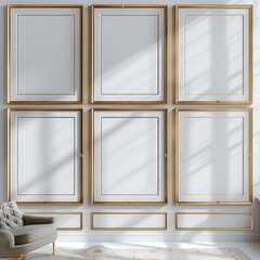 Fototapete - A set of six blank picture frames on the wall, each frame is white with thin gold trim around it, simple and minimalistic.