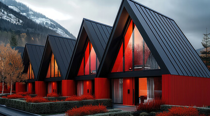 Poster - All red modern A-frame townhouses.