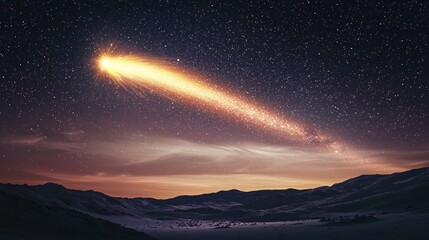 Wall Mural - Celestial Wonder: A Comet Streaking Across a Starry Night Sky over Snowy Mountains