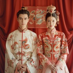 A contemporary Chinese wedding, featuring a young couple attired in traditional Chinese wedding attire. They are standing side by side, hands clasped, set against red silk fabric.