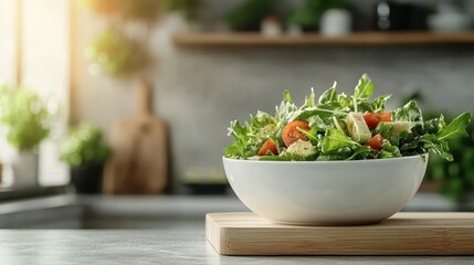 Wall Mural - A vibrant bowl of fresh garden salad overflowing with greens, cherry tomatoes, and cucumber, creating a healthy, appetizing meal perfect for any occasion.