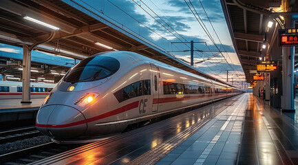 Aufkleber - High speed trains, with silver and red exterior color schemes, stop at the station platform. The background is an open-air platform at dusk.