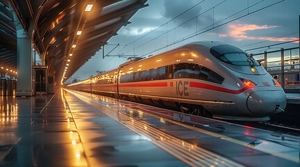 Aufkleber - High speed trains, with silver and red exterior color schemes, stop at the station platform. The background is an open-air platform at dusk.