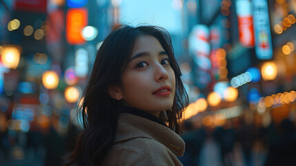 Wall Mural - A graceful young woman posing elegantly on a bustling Tokyo city street at twilight, surrounded by towering neon billboards and vibrant street life.